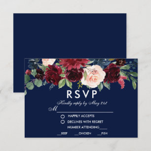 Waterverf Floral Burgundy Blue Wedding Meal RSVP Kaartje