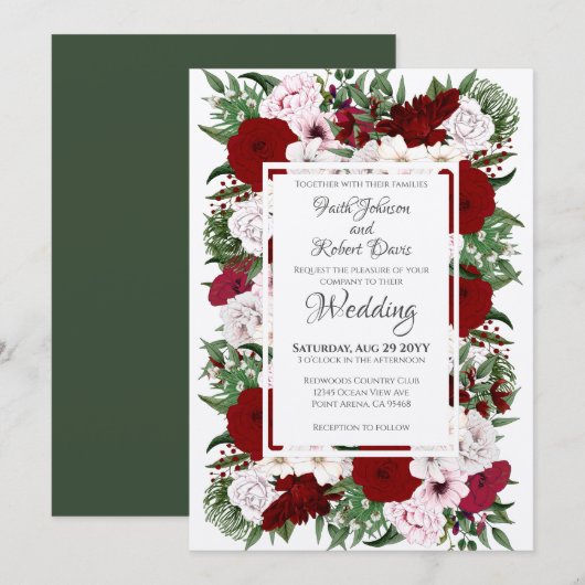 Waterverf Floral Burgundy Blush Green Wedding Kaart (Voorkant / Achterkant)