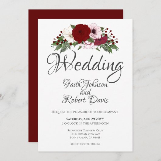 Waterverf Floral Burgundy Blush White Greenery Kaart (Voorkant / Achterkant)