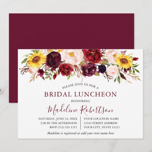 Waterverf Floral Burgundy Bridal Luncheon Kaart (Voorkant / Achterkant)