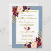 Waterverf Floral Burgundy Dusty Blue Gold Wedding Kaart (Voorkant)