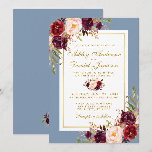 Waterverf Floral Burgundy Dusty Blue Gold Wedding Kaart (Voorkant / Achterkant)