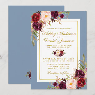 Waterverf Floral Burgundy Dusty Blue Gold Wedding Kaart