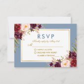 Waterverf Floral Burgundy Dusty Blue Gold Wedding RSVP Kaartje (Voorkant)