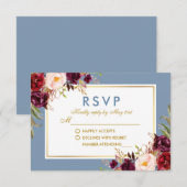 Waterverf Floral Burgundy Dusty Blue Gold Wedding RSVP Kaartje (Voorkant / Achterkant)