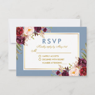 Waterverf Floral Burgundy Dusty Blue Gold Wedding RSVP Kaartje