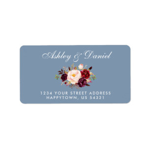 Waterverf Floral Burgundy Dusty Blue Wedding Etiket
