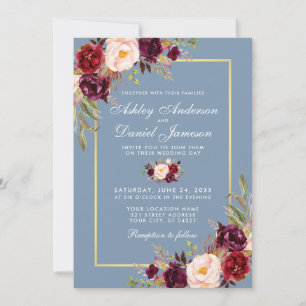Waterverf Floral Burgundy Dusty Blue Wedding Kaart