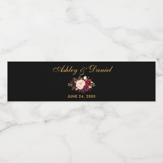 Waterverf Floral Burgundy Gold Black Waterfles Etiket (Enkel label)