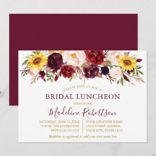 Waterverf Floral Burgundy Gold Bridal Lunch Kaart
