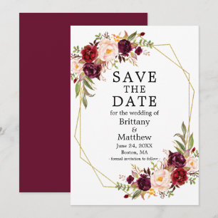 Waterverf Floral Burgundy Gold Geo Lijst Save The Date