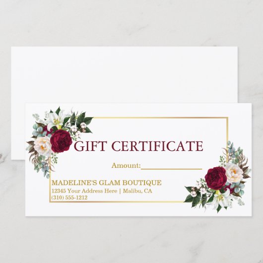 Waterverf Floral Burgundy Gold Gift Certificate (Voorkant / Achterkant)