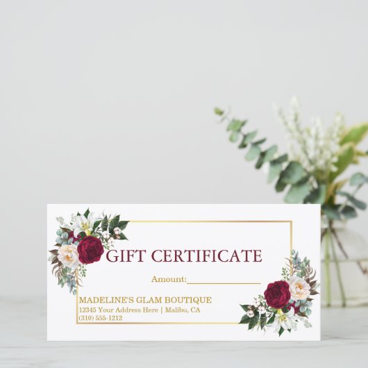 Waterverf Floral Burgundy Gold Gift Certificate (Staand voorkant)