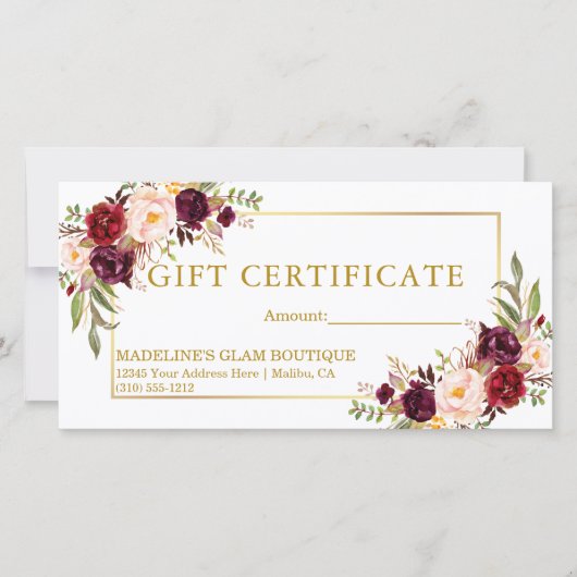 Waterverf Floral Burgundy Gold Gift Certificate (Voorkant)