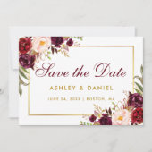 Waterverf Floral Burgundy Gold redt datum BG Save The Date (Voorkant)