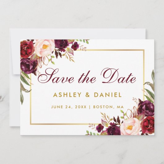Waterverf Floral Burgundy Gold redt datum BG Save The Date (Voorkant)