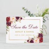 Waterverf Floral Burgundy Gold redt datum BG Save The Date (Staand voorkant)