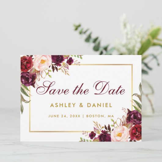 Waterverf Floral Burgundy Gold redt datum BG Save The Date (Staand voorkant)