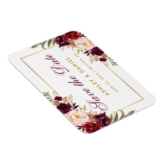 Waterverf Floral Burgundy Gold redt de datum Magneet (Rechterzijde)