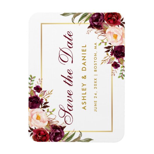 Waterverf Floral Burgundy Gold redt de datum Magneet (Verticaal)