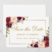 Waterverf Floral Burgundy Gold redt de datum Save The Date (Voorkant / Achterkant)