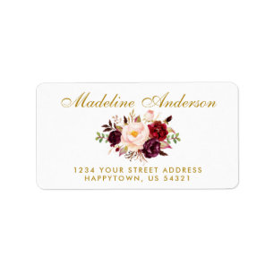 Waterverf Floral Burgundy Gold Script Address Etiket
