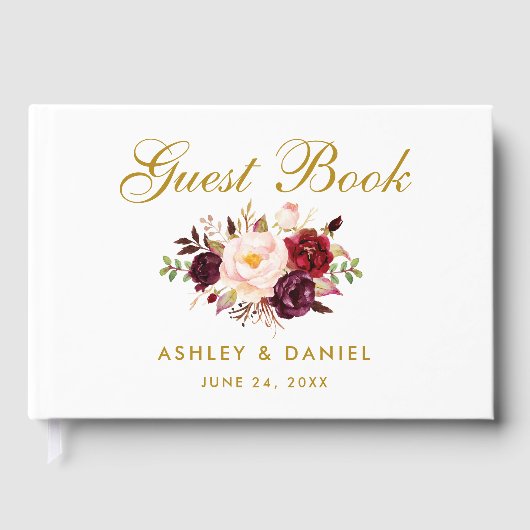 Waterverf Floral Burgundy Gold Wedding Gastenboek (Voorkant)