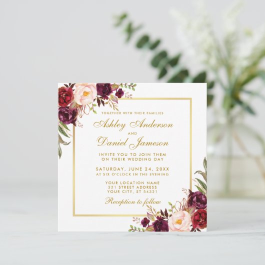 Waterverf Floral Burgundy Gold Wedding Kaart S (Staand voorkant)