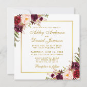 Waterverf Floral Burgundy Gold Wedding Kaart S (Voorkant)