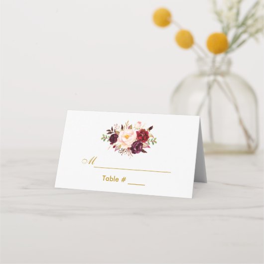 Waterverf Floral Burgundy Gold Wedding Plaatskaartje (Voorkant)