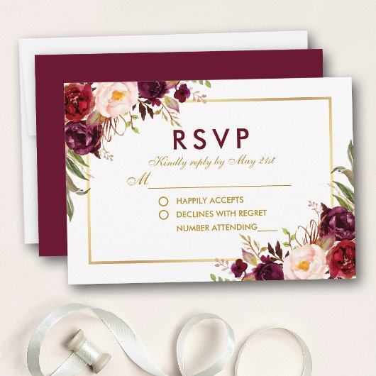 Waterverf Floral Burgundy Gold Wedding RSVP BG