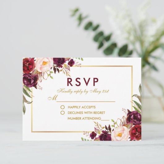 Waterverf Floral Burgundy Gold Wedding RSVP BG (Staand voorkant)