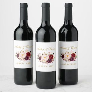 Waterverf Floral Burgundy Gold Wedding Wijn Etiket