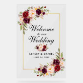 Waterverf Floral Burgundy Gold Weduwschap Welkom Acryl Bord (Voorkant)