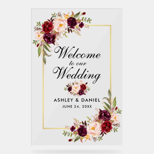 Waterverf Floral Burgundy Gold Weduwschap Welkom Acryl Bord (Voorkant)