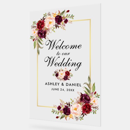 Waterverf Floral Burgundy Gold Weduwschap Welkom Acryl Bord (Hoek)