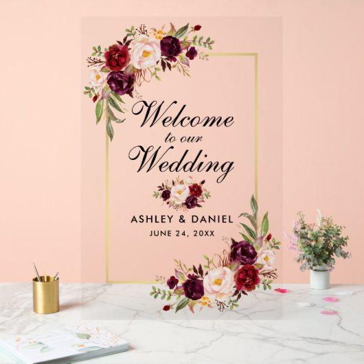 Waterverf Floral Burgundy Gold Weduwschap Welkom Acryl Bord (Huwelijk)