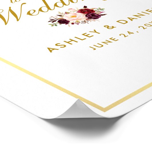 Waterverf Floral Burgundy Gold Weduwschap Welkom Poster (Hoek)