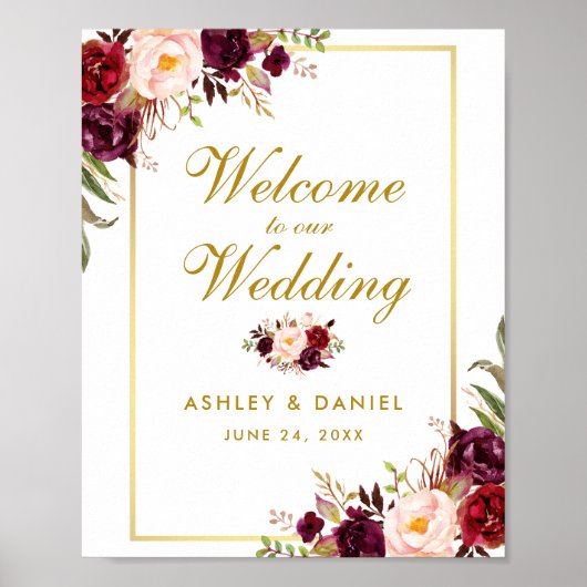 Waterverf Floral Burgundy Gold Weduwschap Welkom Poster (Voorkant)