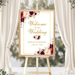 Waterverf Floral Burgundy Gold Weduwschap Welkom Poster
