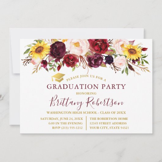 Waterverf Floral Burgundy Graduation Party Kaart (Voorkant)