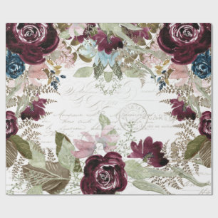 Waterverf Floral Burgundy in Navy Script Decoupage Cadeaupapier