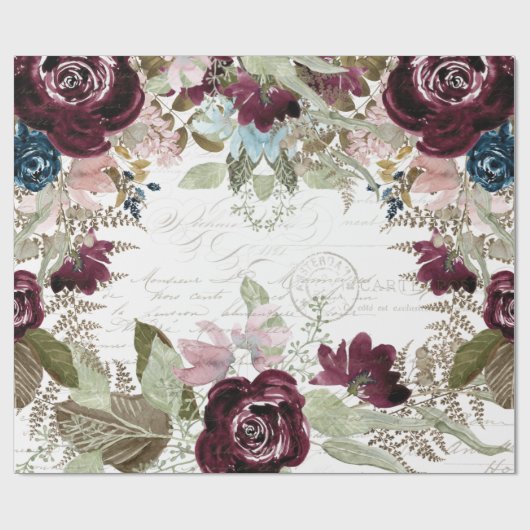 Waterverf Floral Burgundy in Navy Script Decoupage Cadeaupapier (Vlak)