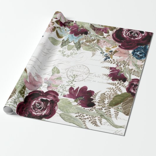 Waterverf Floral Burgundy in Navy Script Decoupage Cadeaupapier (Uitgerold)