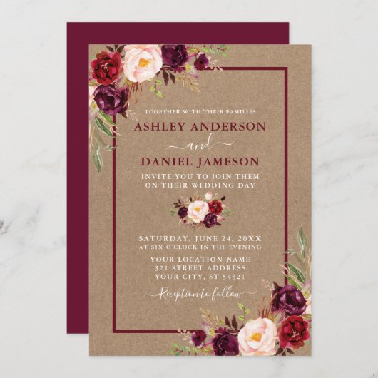 Waterverf Floral Burgundy Kraft Wedding Kaart (Voorkant / Achterkant)