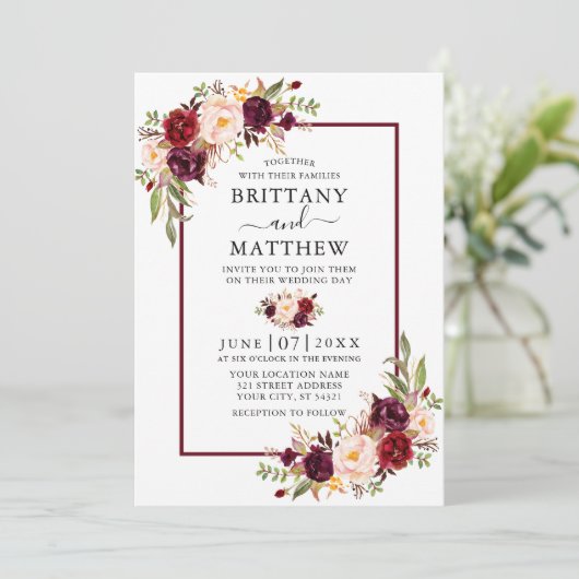 Waterverf Floral Burgundy Lijst Foto bruiloft Kaart (Staand voorkant)