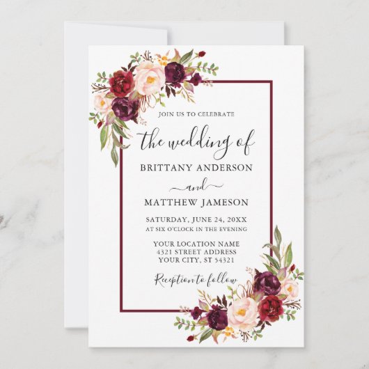 Waterverf Floral Burgundy Lijst Kaart (Voorkant)