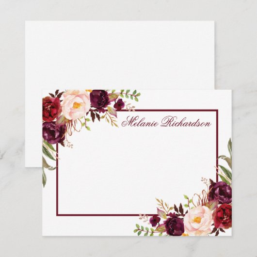 Waterverf Floral Burgundy Lijst op persoonlijke ti Notitiekaartje (Voorkant / Achterkant)
