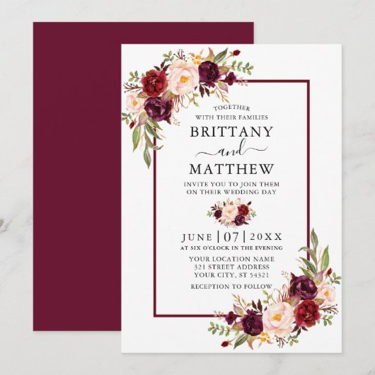 Waterverf Floral Burgundy Lijst Wedding Kaart (Voorkant / Achterkant)