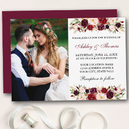 Waterverf Floral Burgundy Photo Wedding Kaart